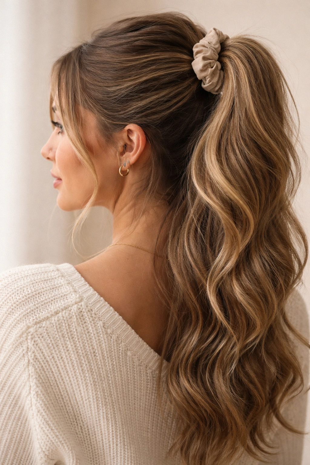Half-up ponytail with scrunchie and flowing hair below