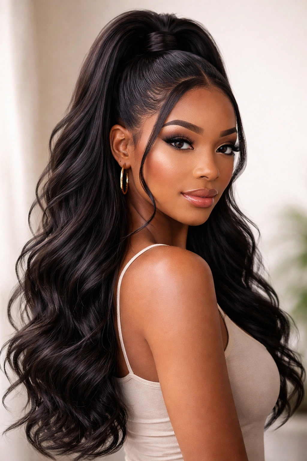 Half-up ponytail with upper secured section and flowing lower hair, no text