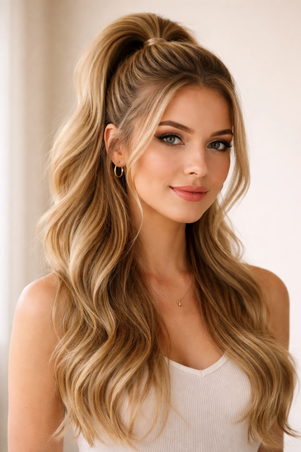 Half-up half-down ponytail close-up showing crown-secured top and flowing lower hair