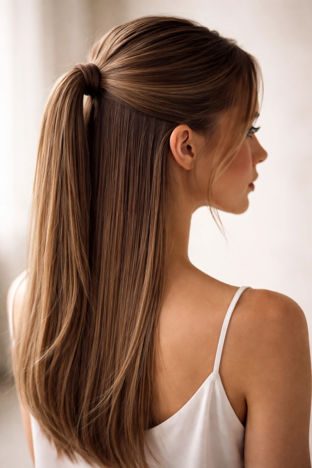 Half-up ponytail on straight hair showing clean architectural lines