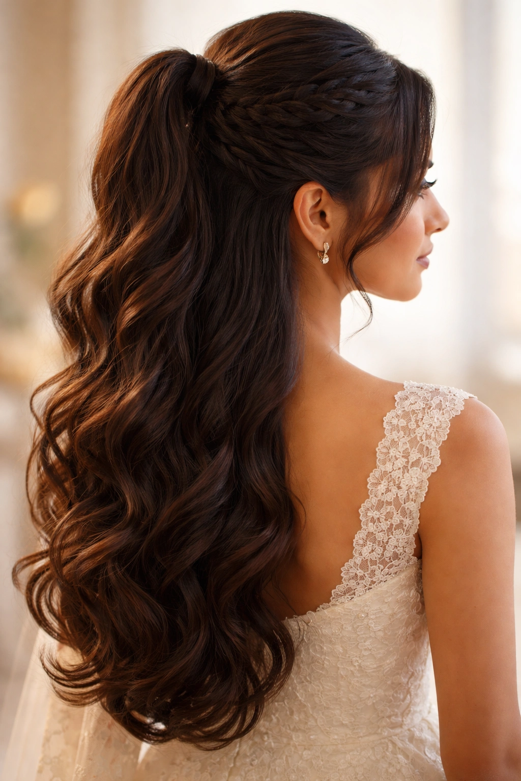 Half-up ponytail with tiered braids on crown and loose lower hair