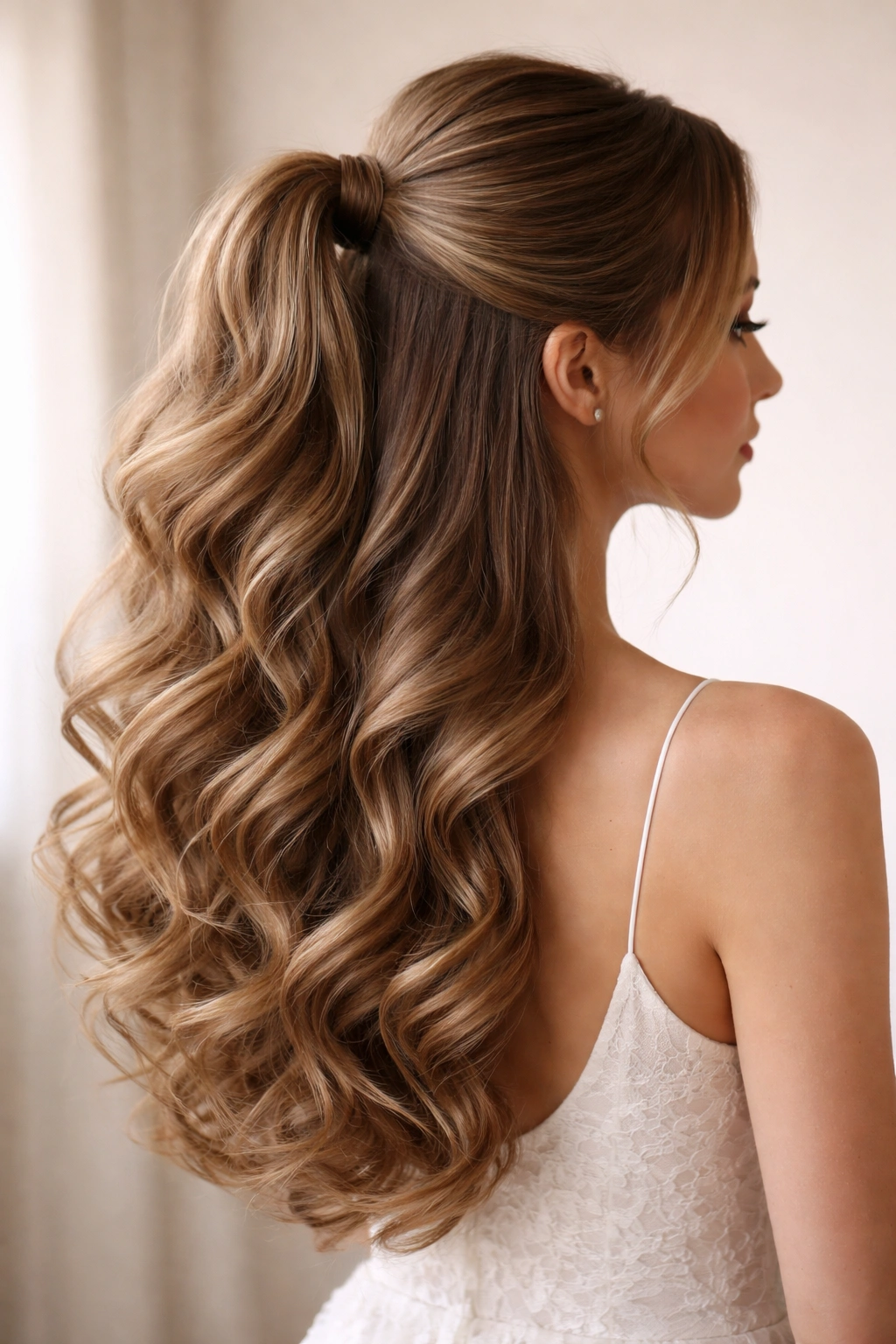 Close-up of thick hair in a classic half-up ponytail with voluminous curls for bridal styling