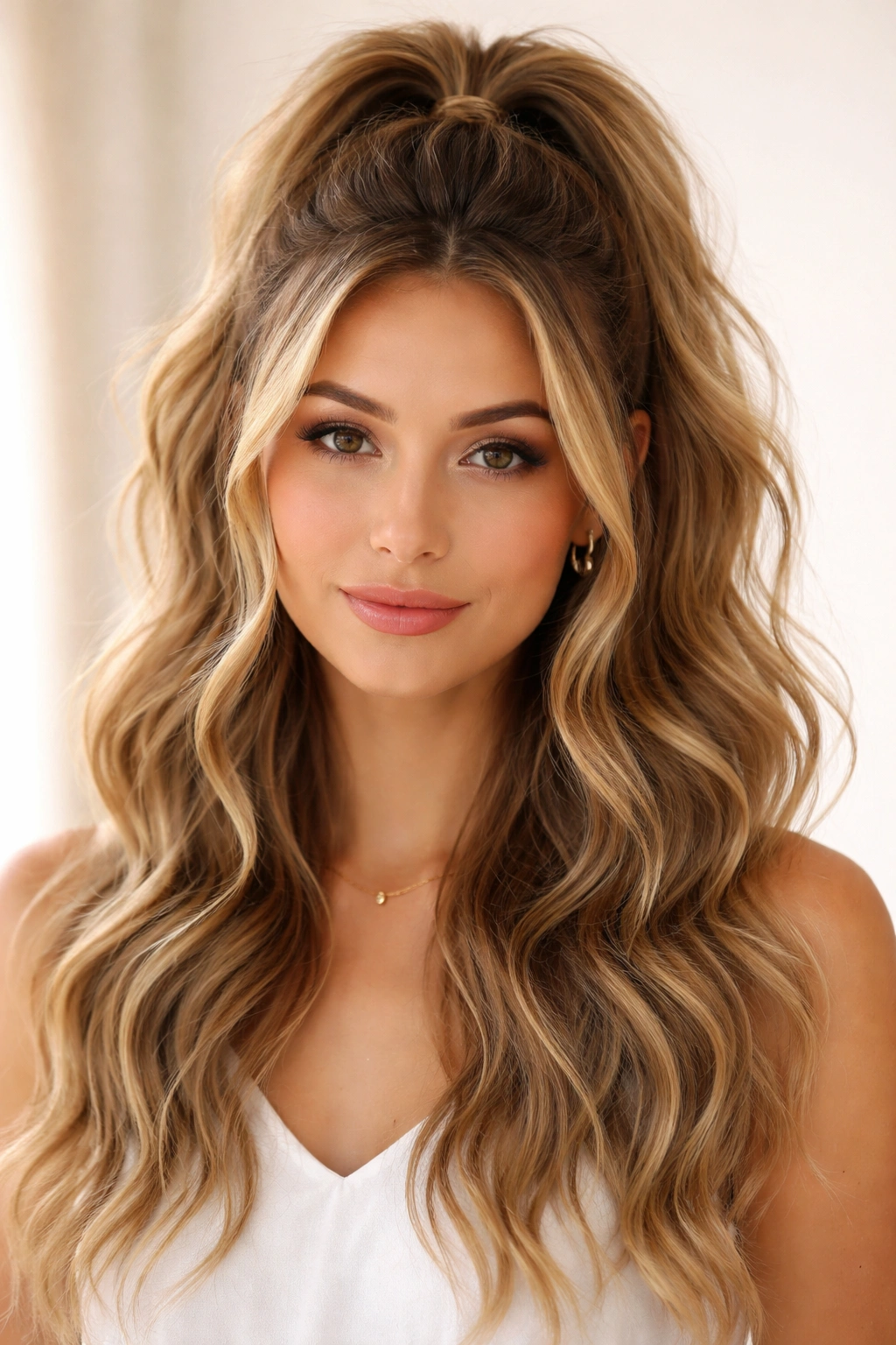 Close-up of loose waves with a back-centered half-up ponytail, highlighting texture and movement