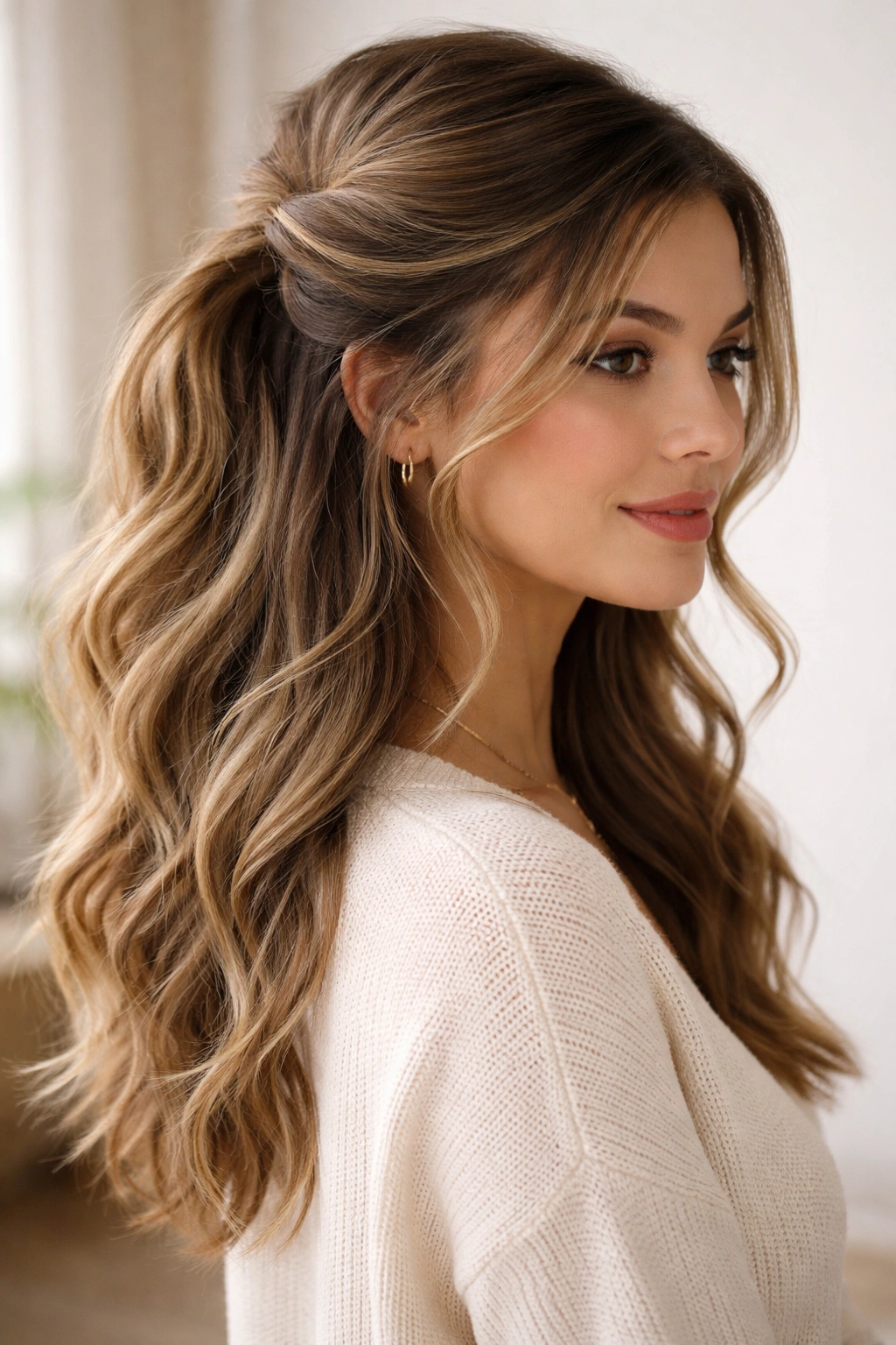 Close-up of a wavy hairstyle featuring a soft twisted half-up ponytail