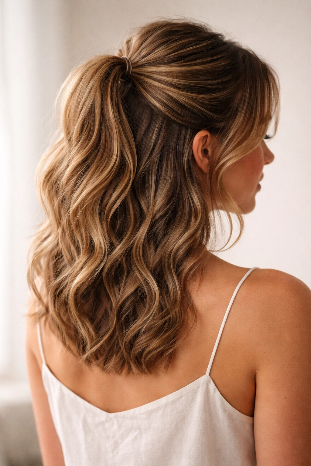 Half-up ponytail hybrid with top third gathered and bottom waves