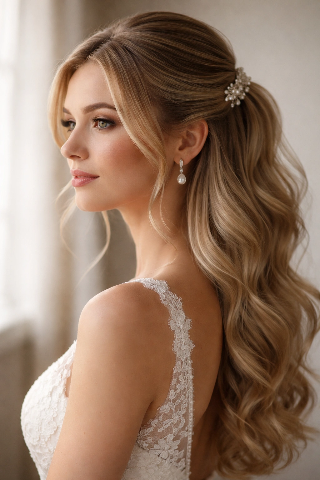 Close-up portrait of a bride-to-be with a half-up ponytail and delicate pins in soft studio light