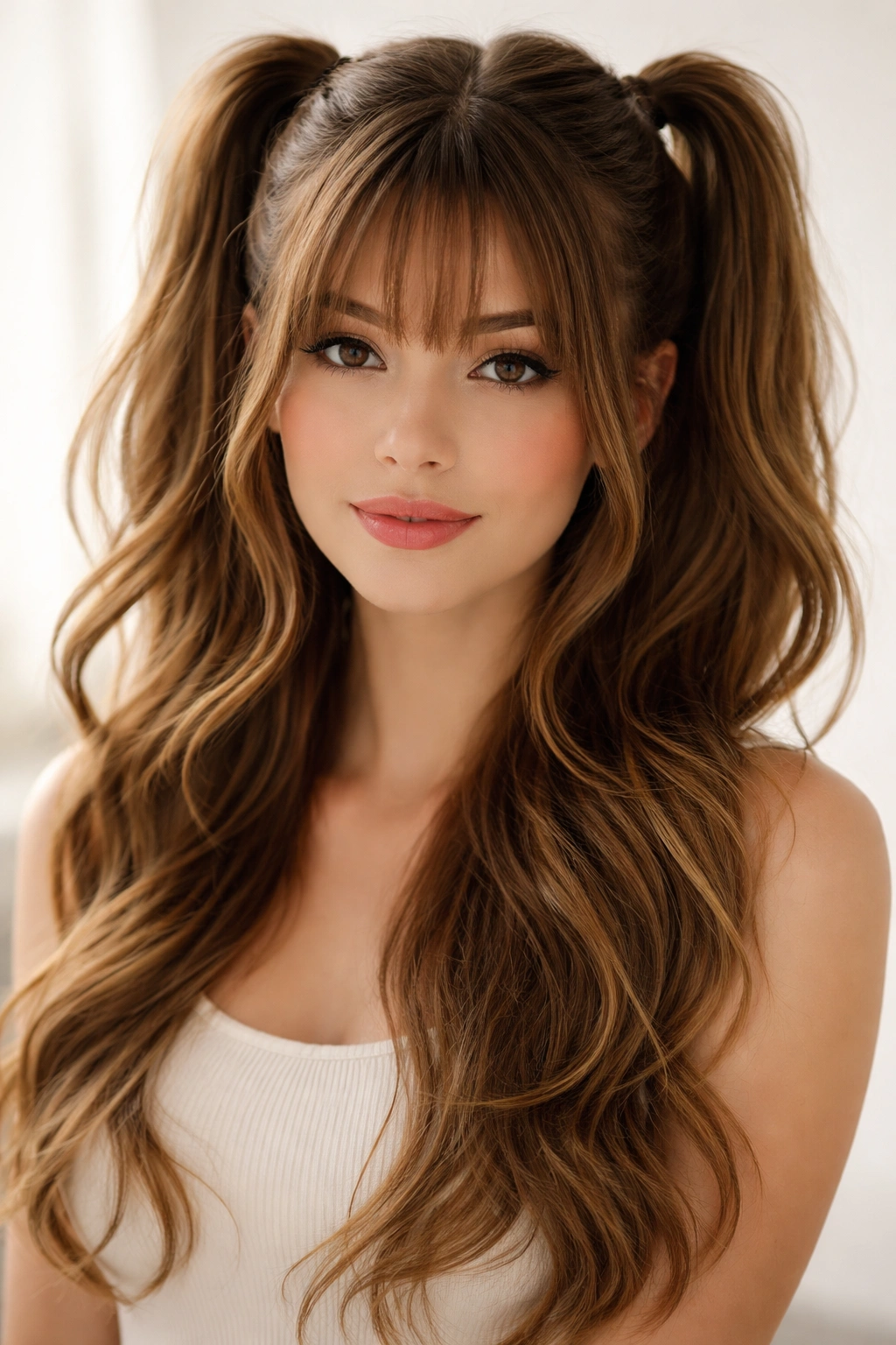 Half-up double ponytails with face-framing bangs balanced look