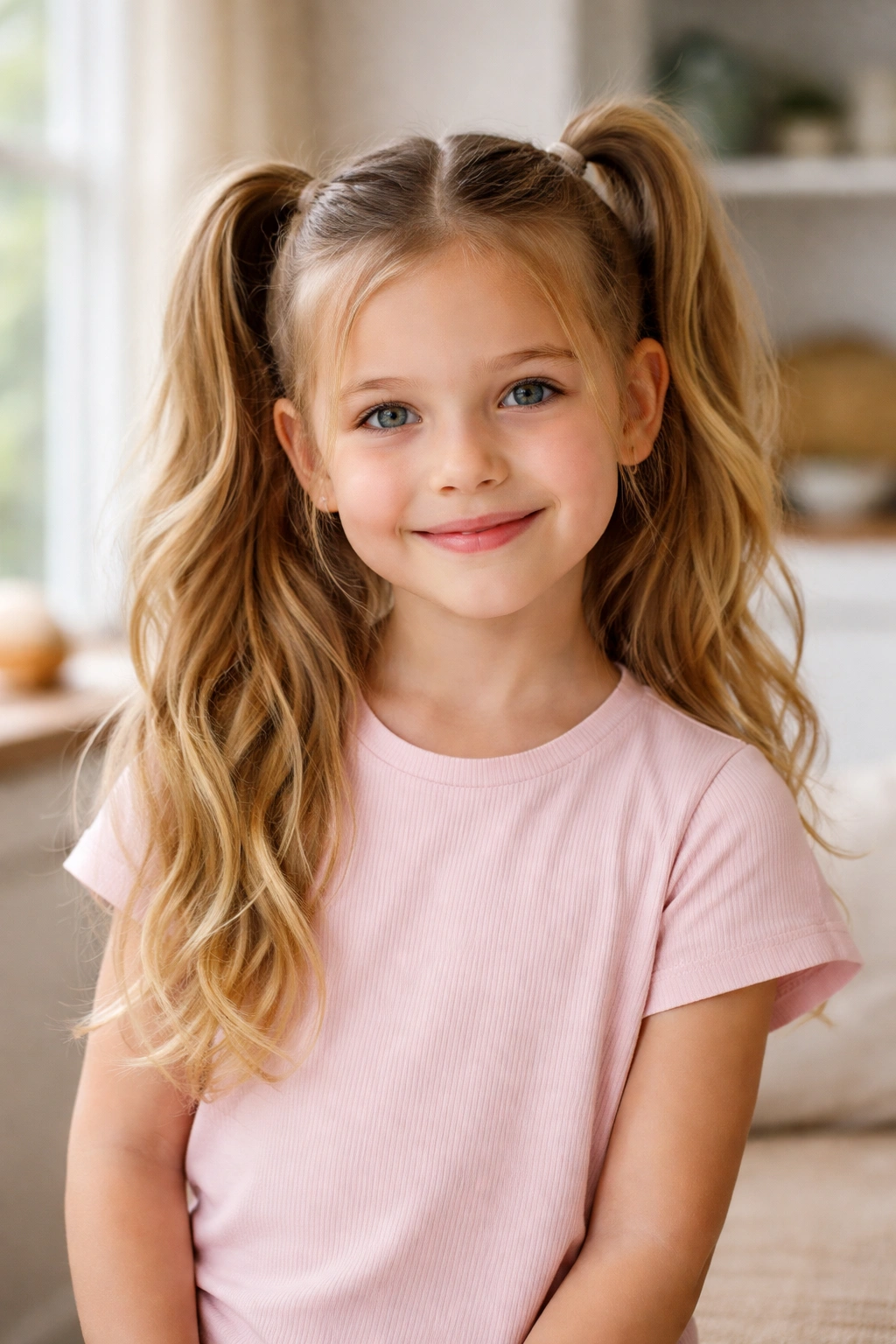Half up double ponytails with top section tied and bottom hair down