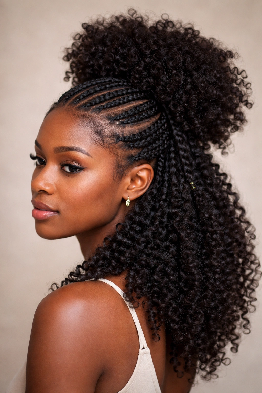 Half-up coil puff with braided details on dark coily hair