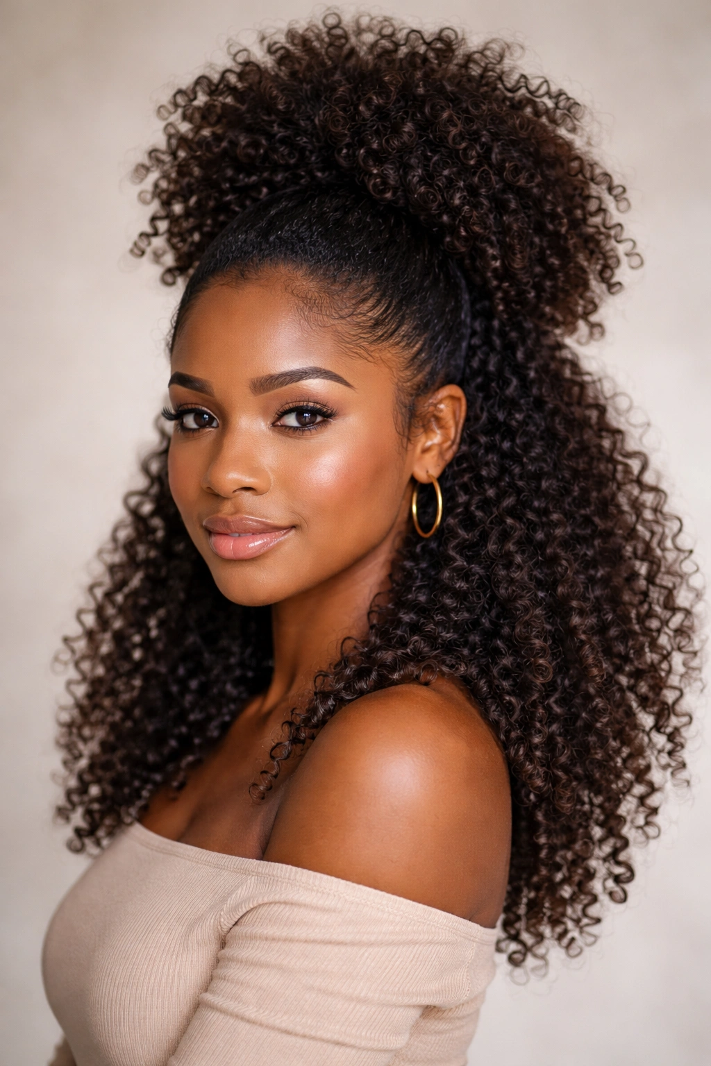 Close-up of half-up puff on natural hair with defined coils and volume