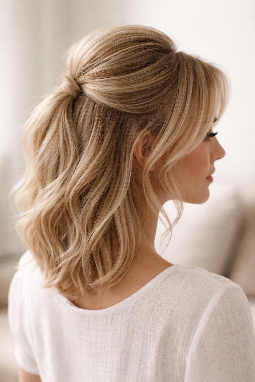 Side-back view of a half-up hairstyle with a teased crown puff