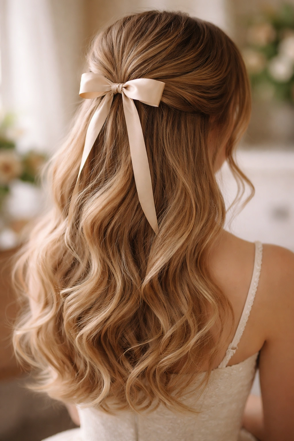 Half-up hairstyle with satin ribbon woven and bow, soft curls