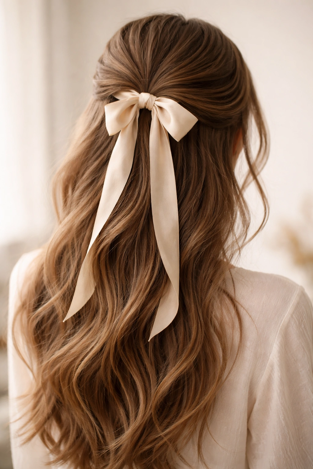 Close-up of half-up hairstyle with a ribbon wrapped around the ponytail base