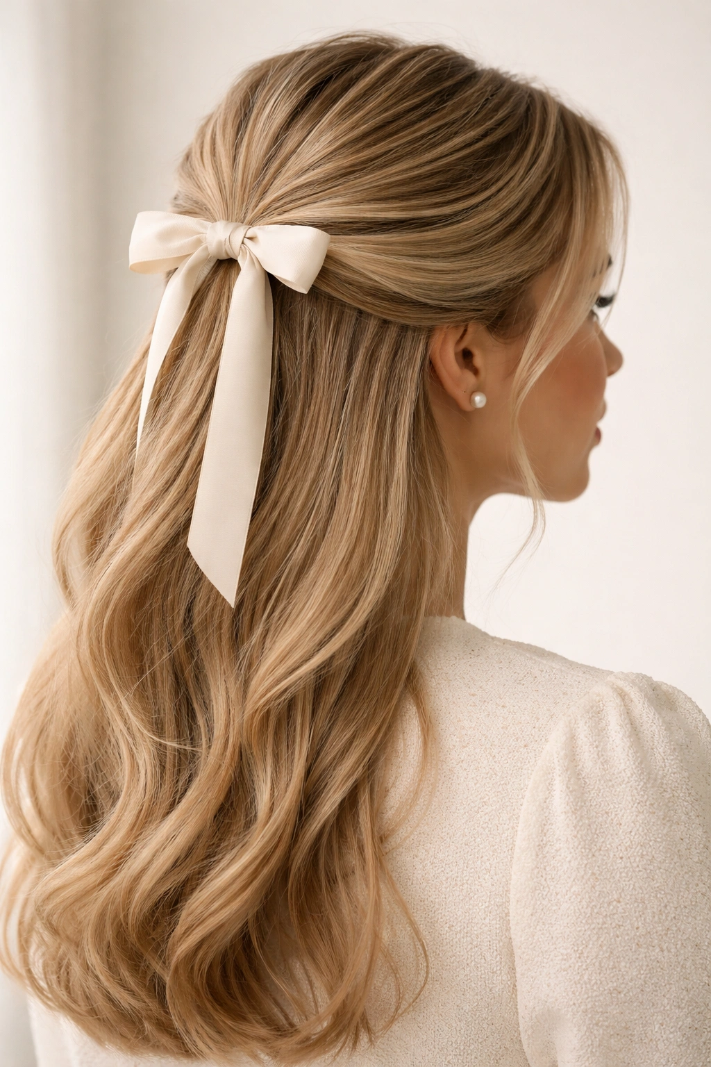 Close-up of a classic ribbon-wrapped half-pony hairstyle with a hidden elastic