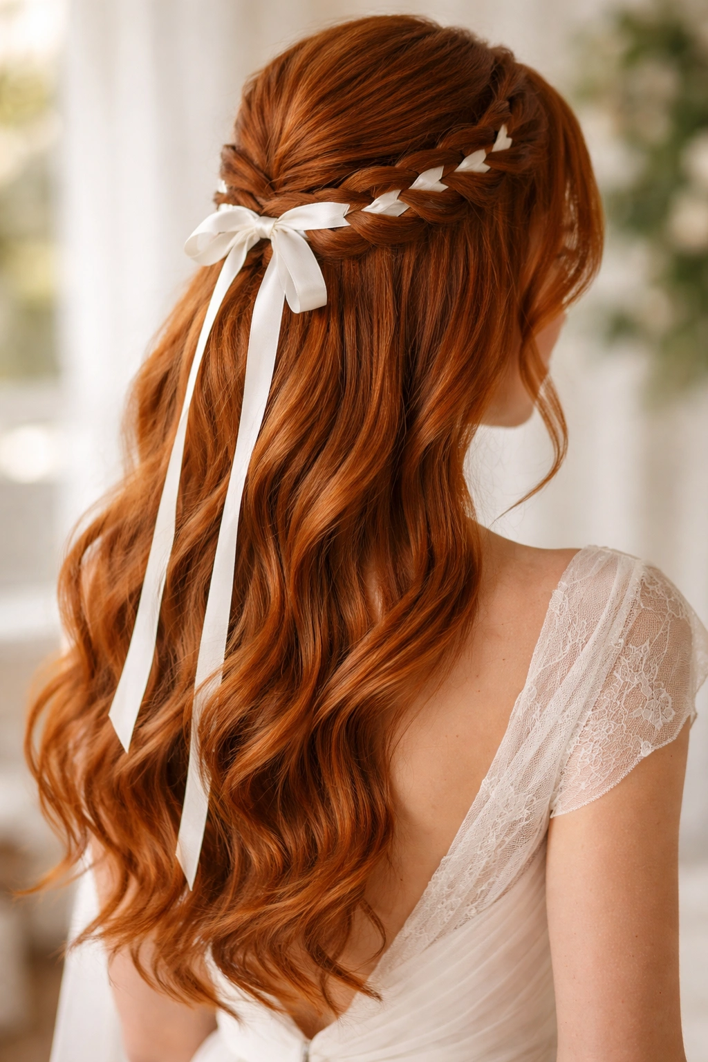 Half-up hairstyle with a ribbon woven through the gathered section on red hair