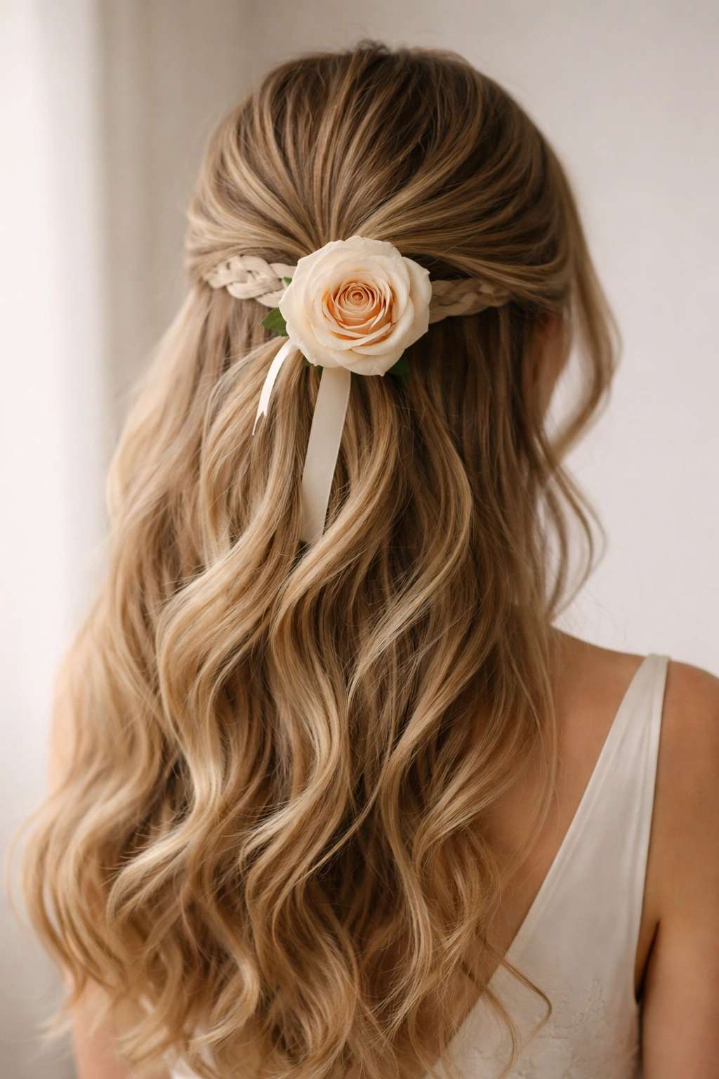 Half-up with woven ribbon and single large rose