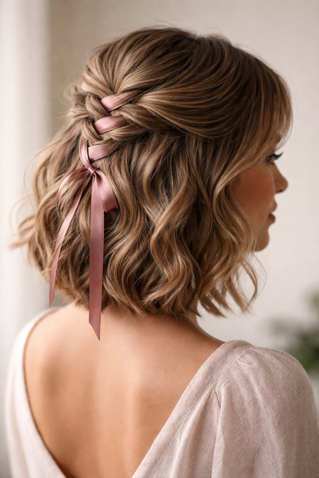Wavy bob half-up hairstyle with a woven ribbon adding color through the gathered section