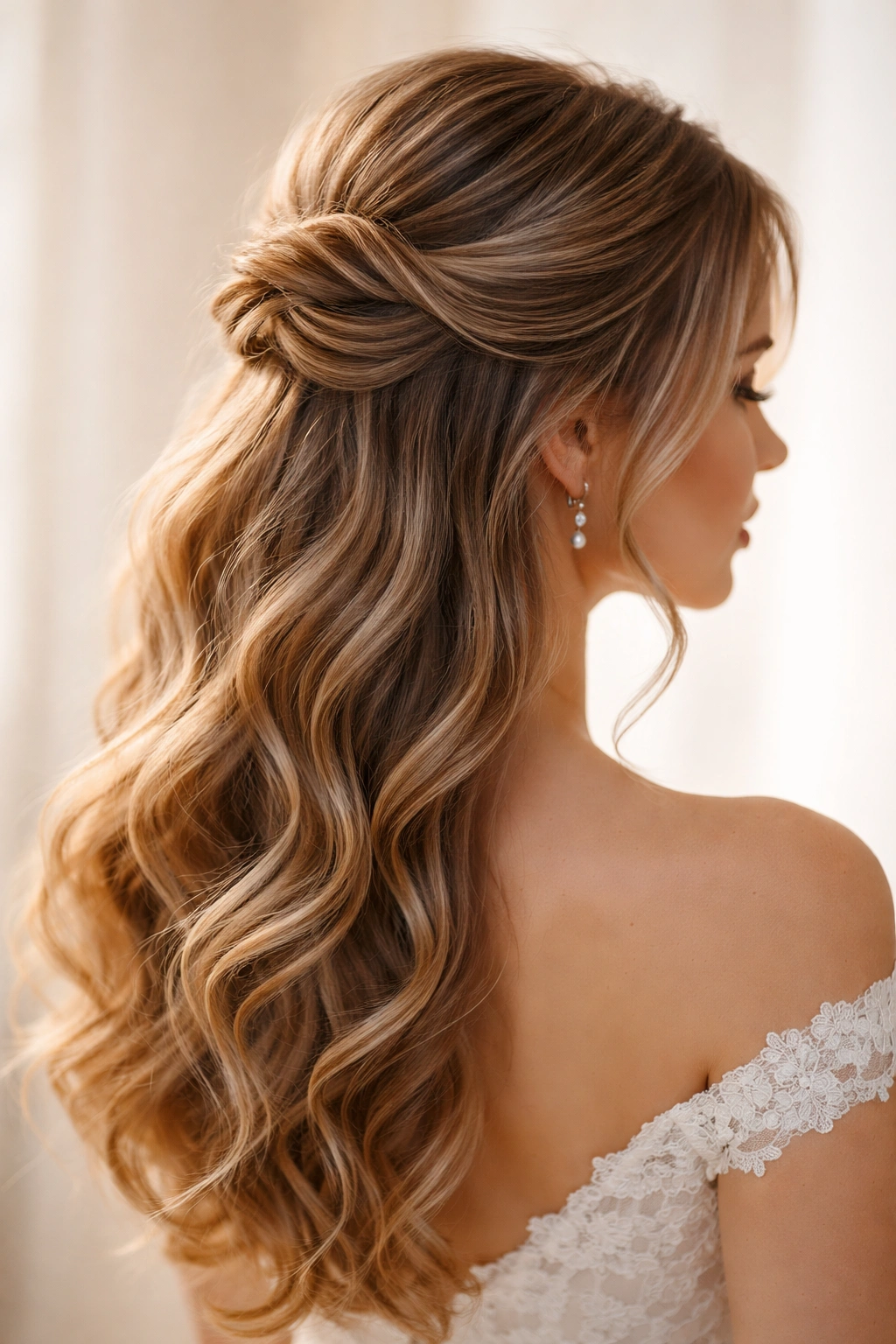 Bridal half-up with a loose bun at the crown and soft waves