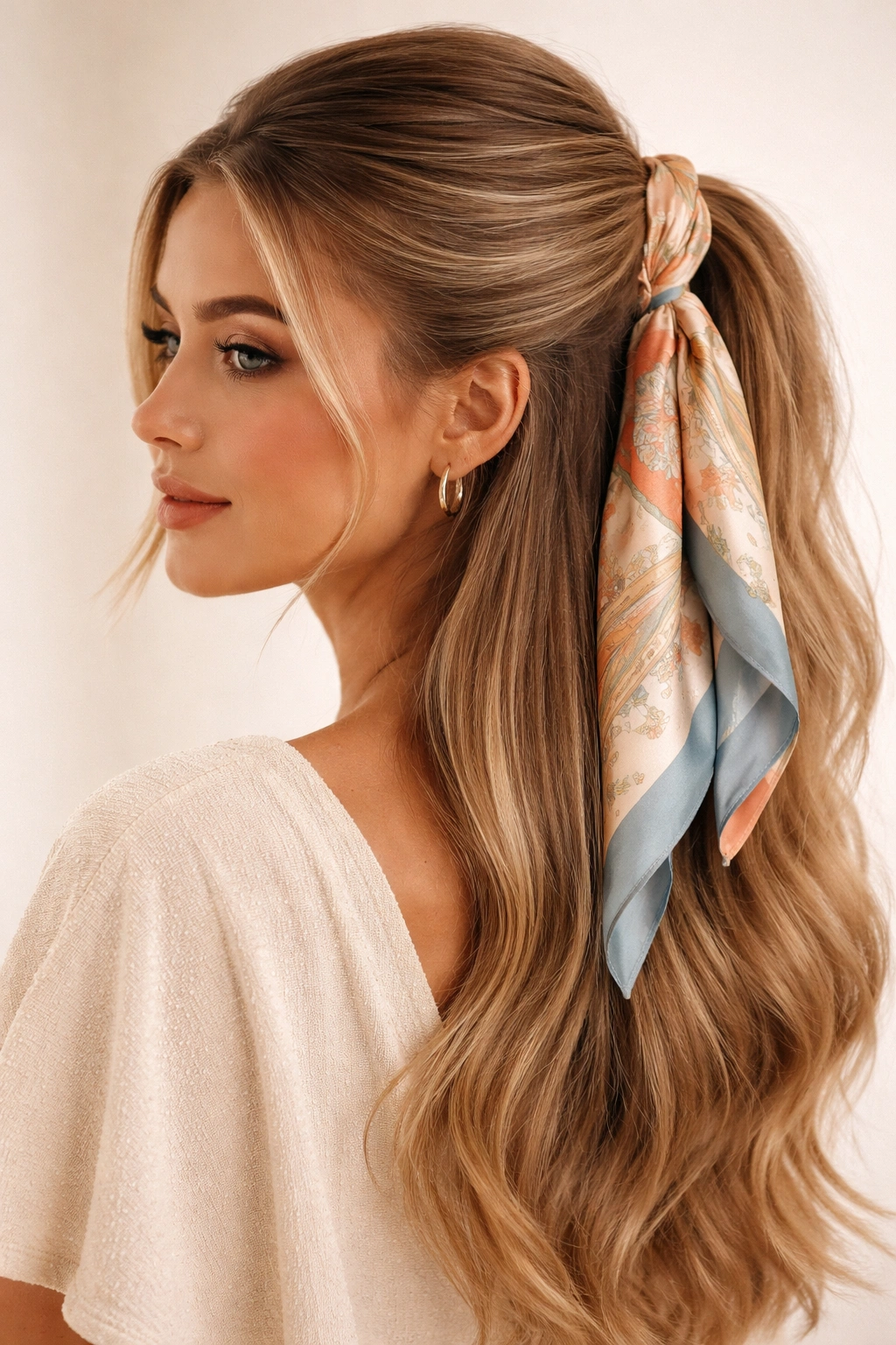 Close-up of Smooth Half-Up with Scarf Accent showing scarf woven through the half-up hairstyle.
