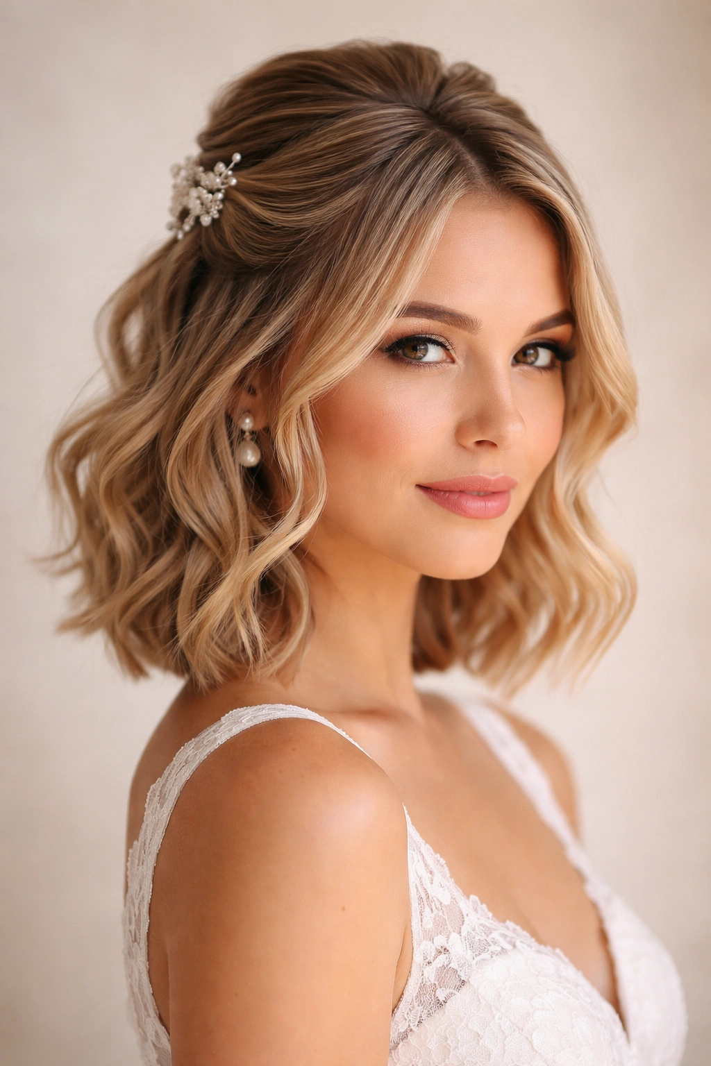 Short-haired bridal half-up style with gathered crown