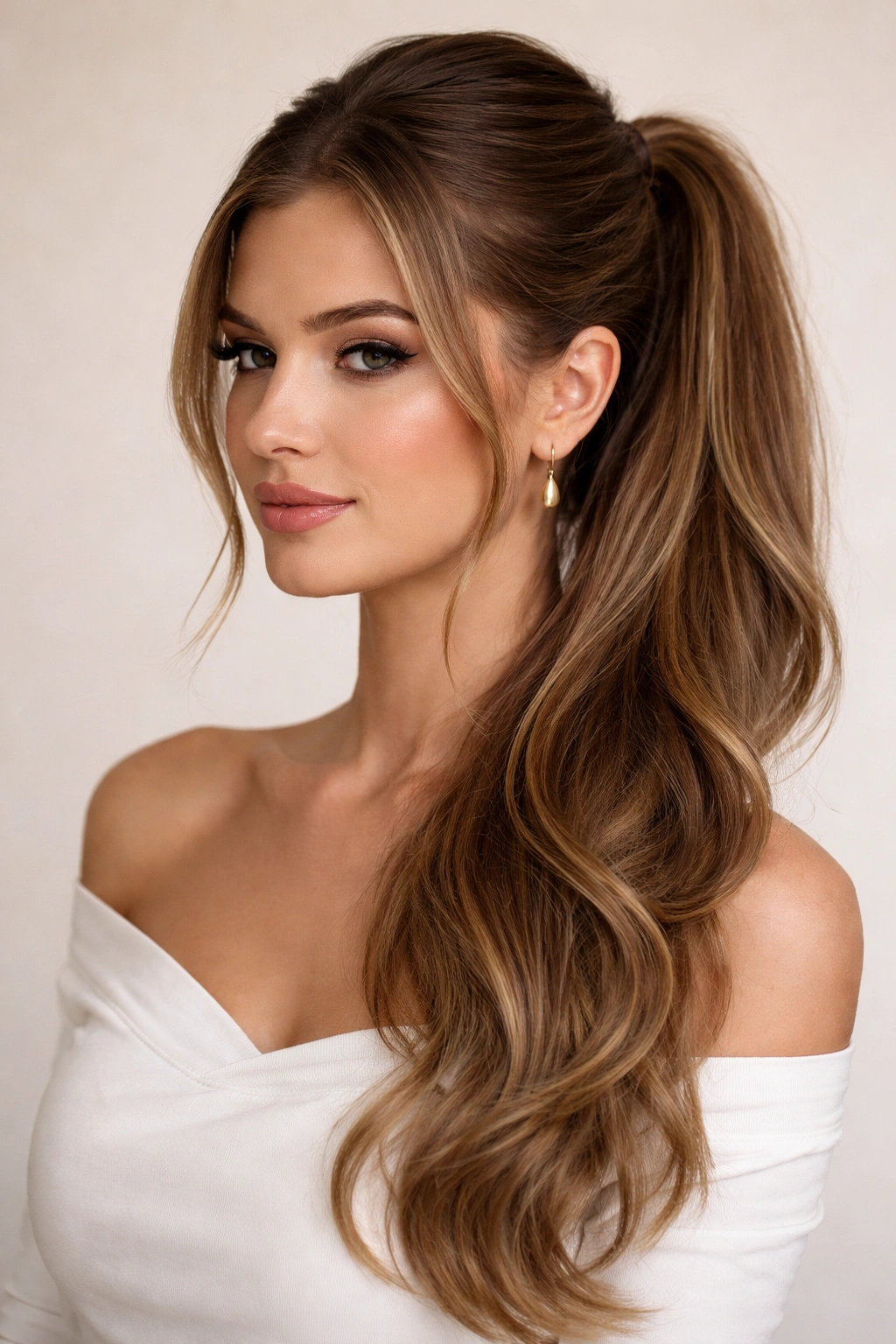 Half-up half-down side pony with top pulled into a side pony and bottom hair flowing.