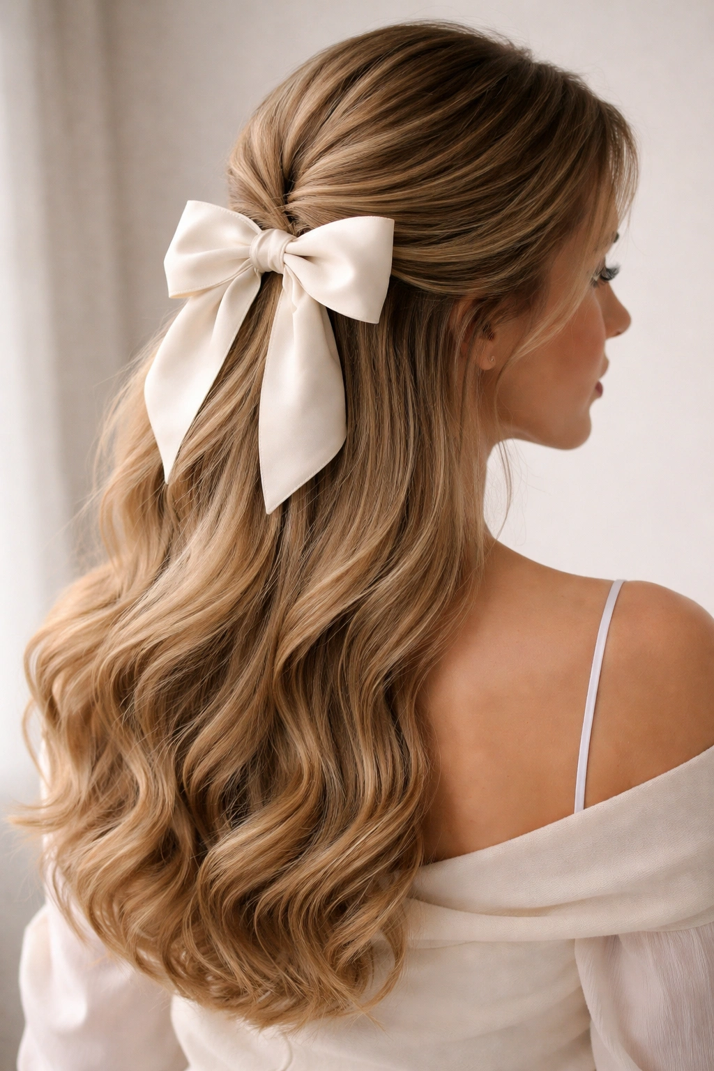 Close-up of classic side sweep with silk bow hairstyle showing gathered crown and bow