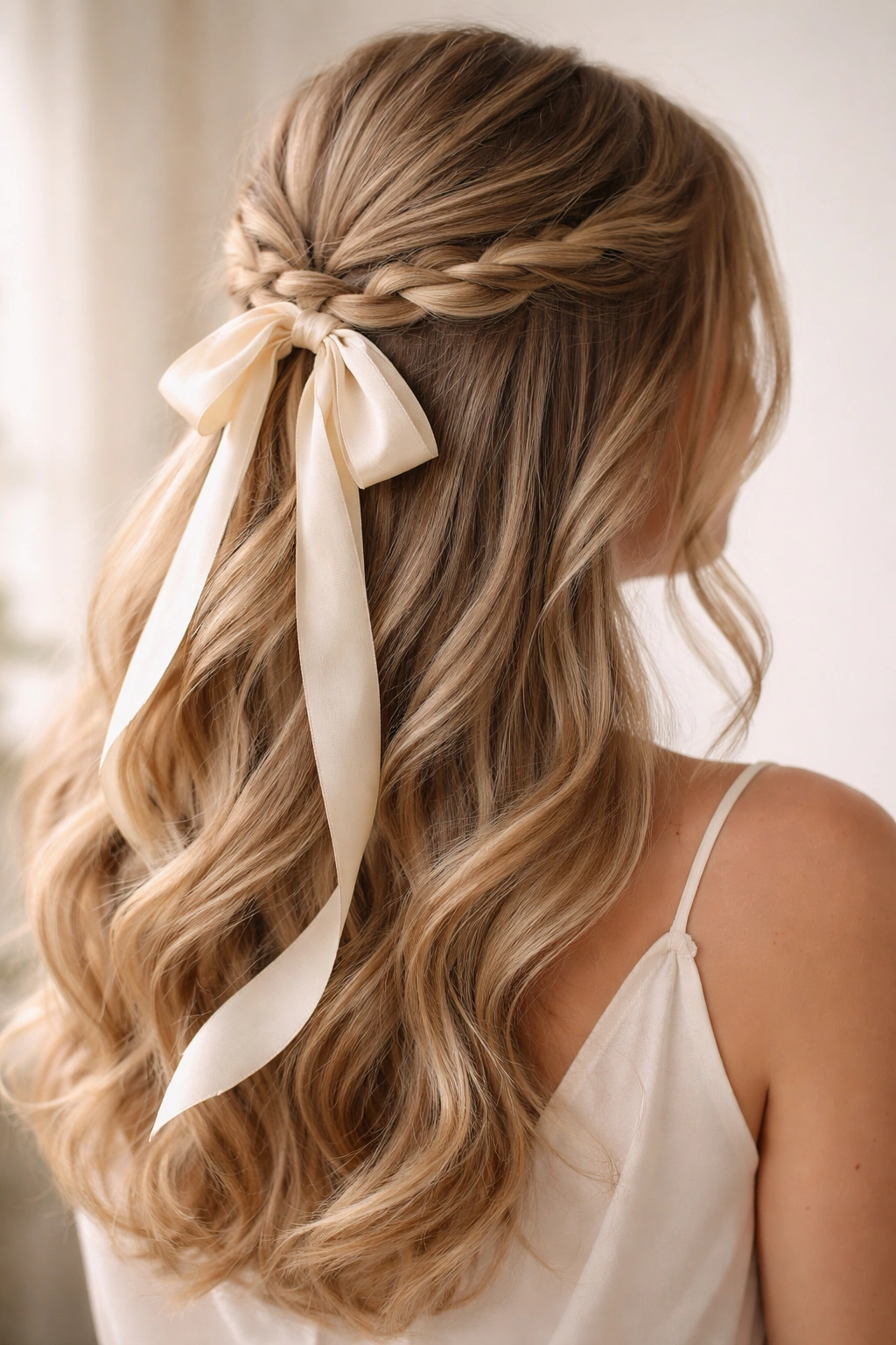Hair half-up with silk ribbon woven through a braid