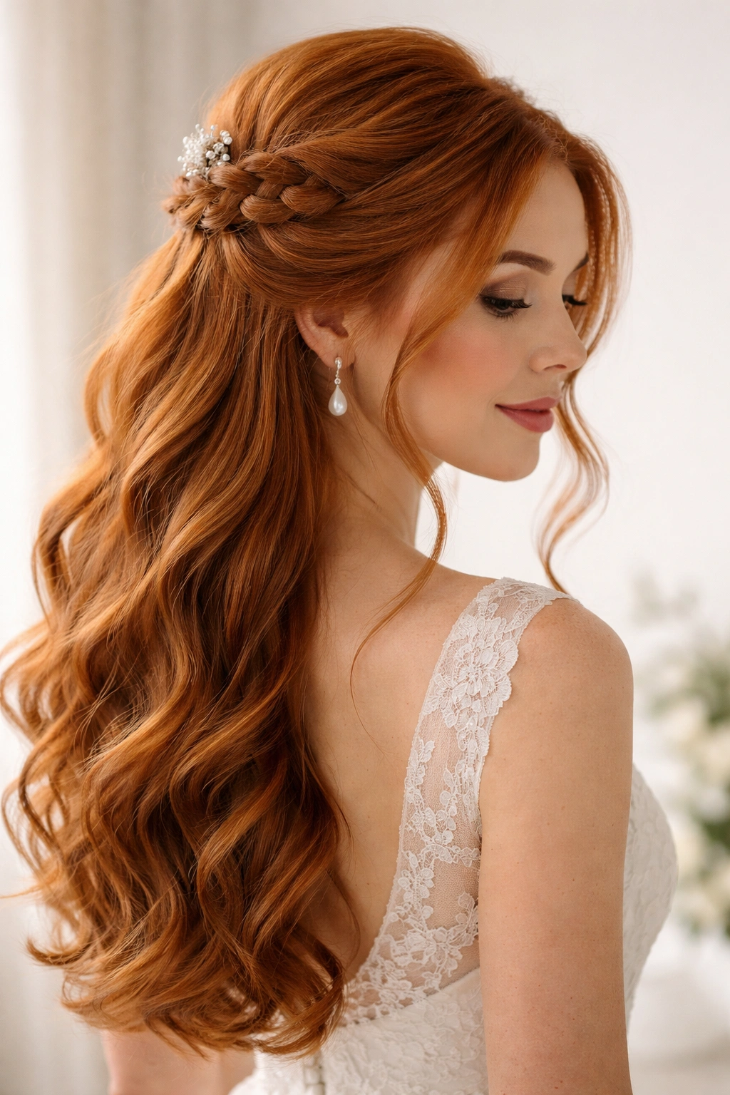 Half-up hairstyle with two soft braids forming a decorative frame on red hair
