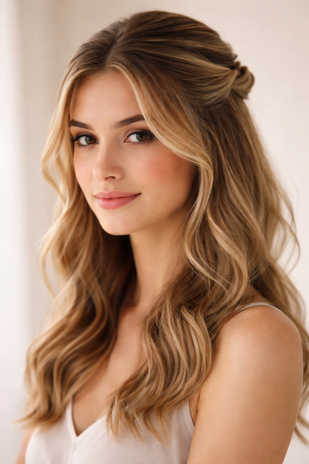 Portrait of a person with a simple half-up style and soft waves, minimal accessories.