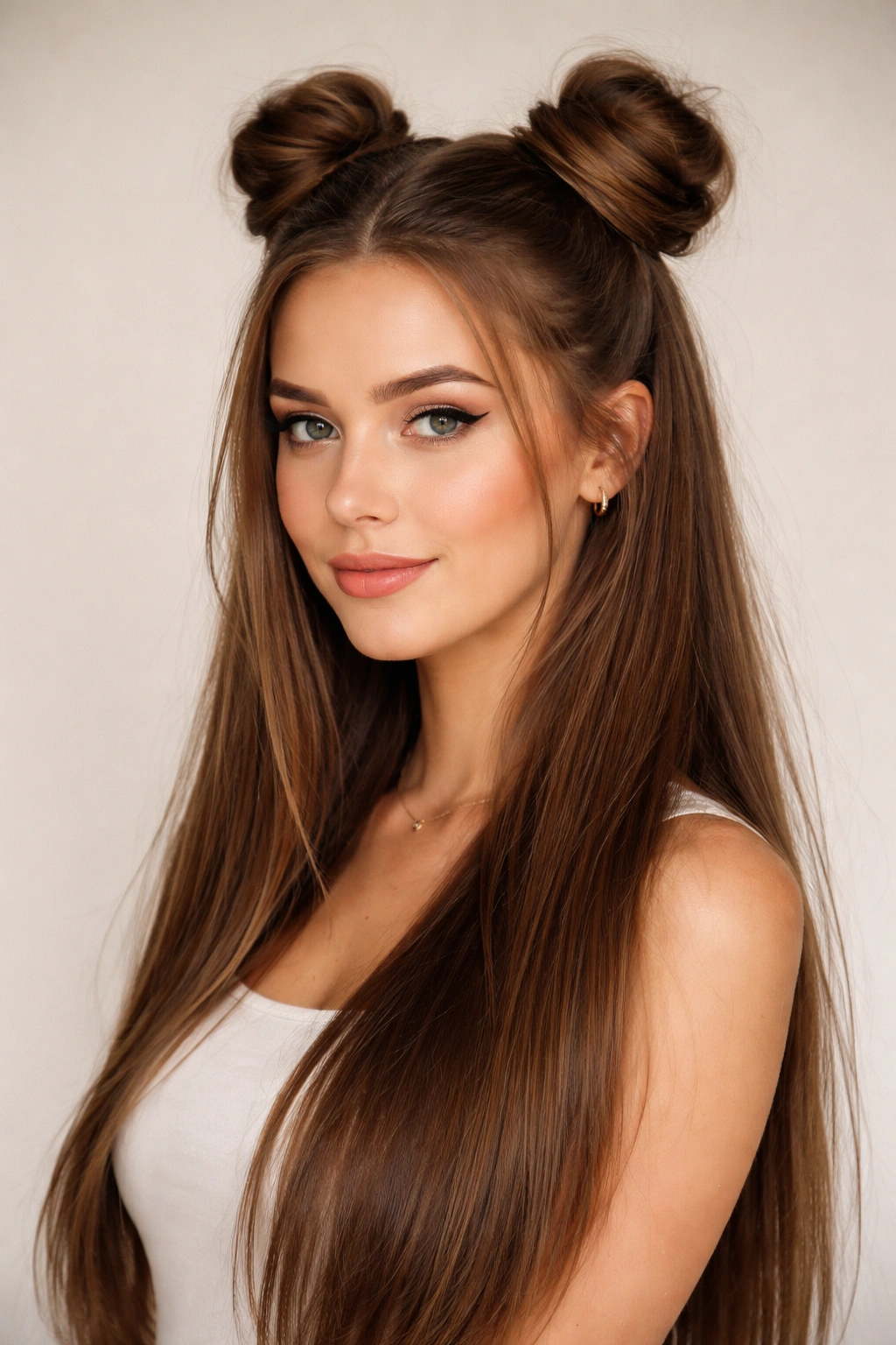 Half-up space buns with top buns and straight hair below.