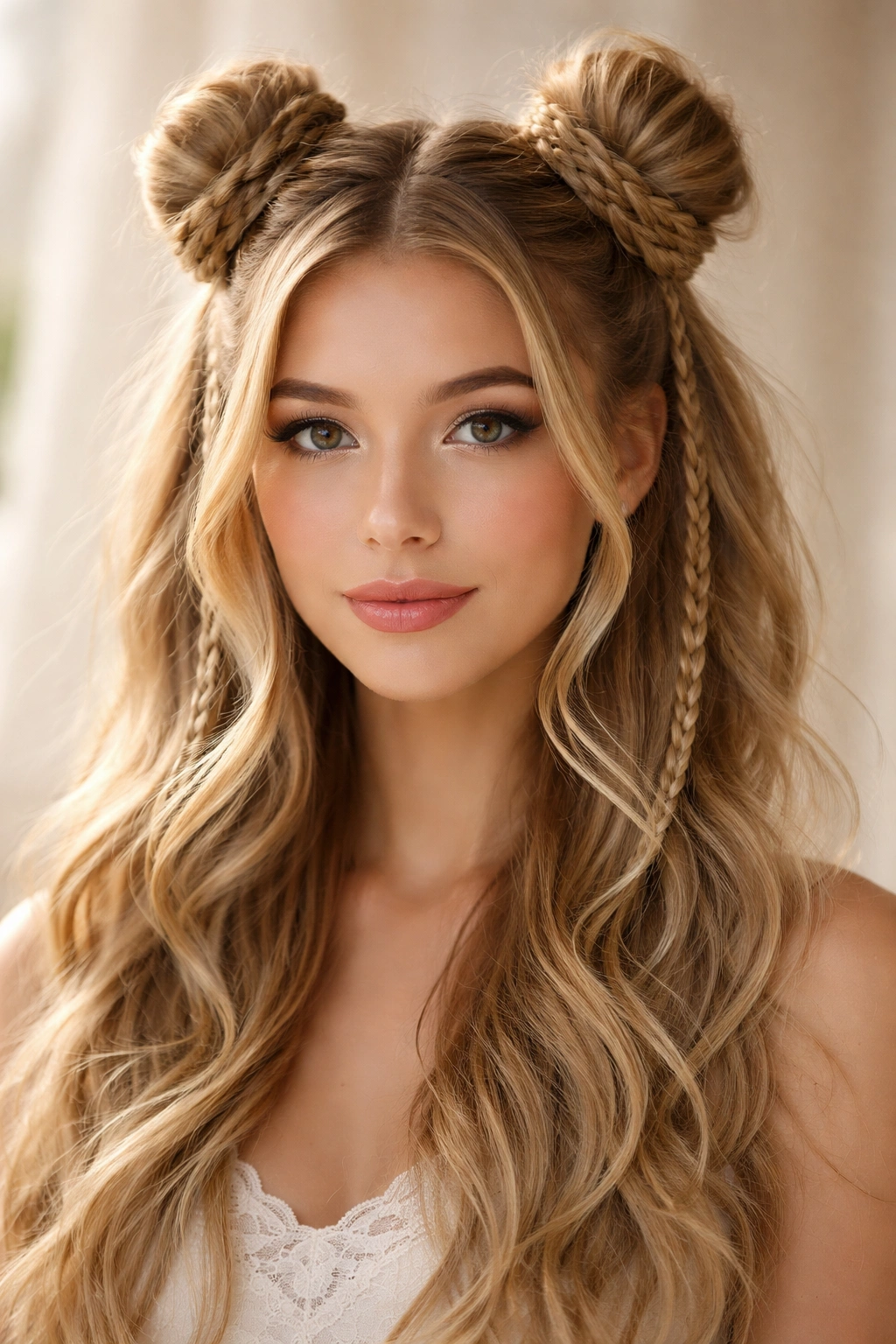 Close-up of two space buns with pencil-thin braids framing each bun