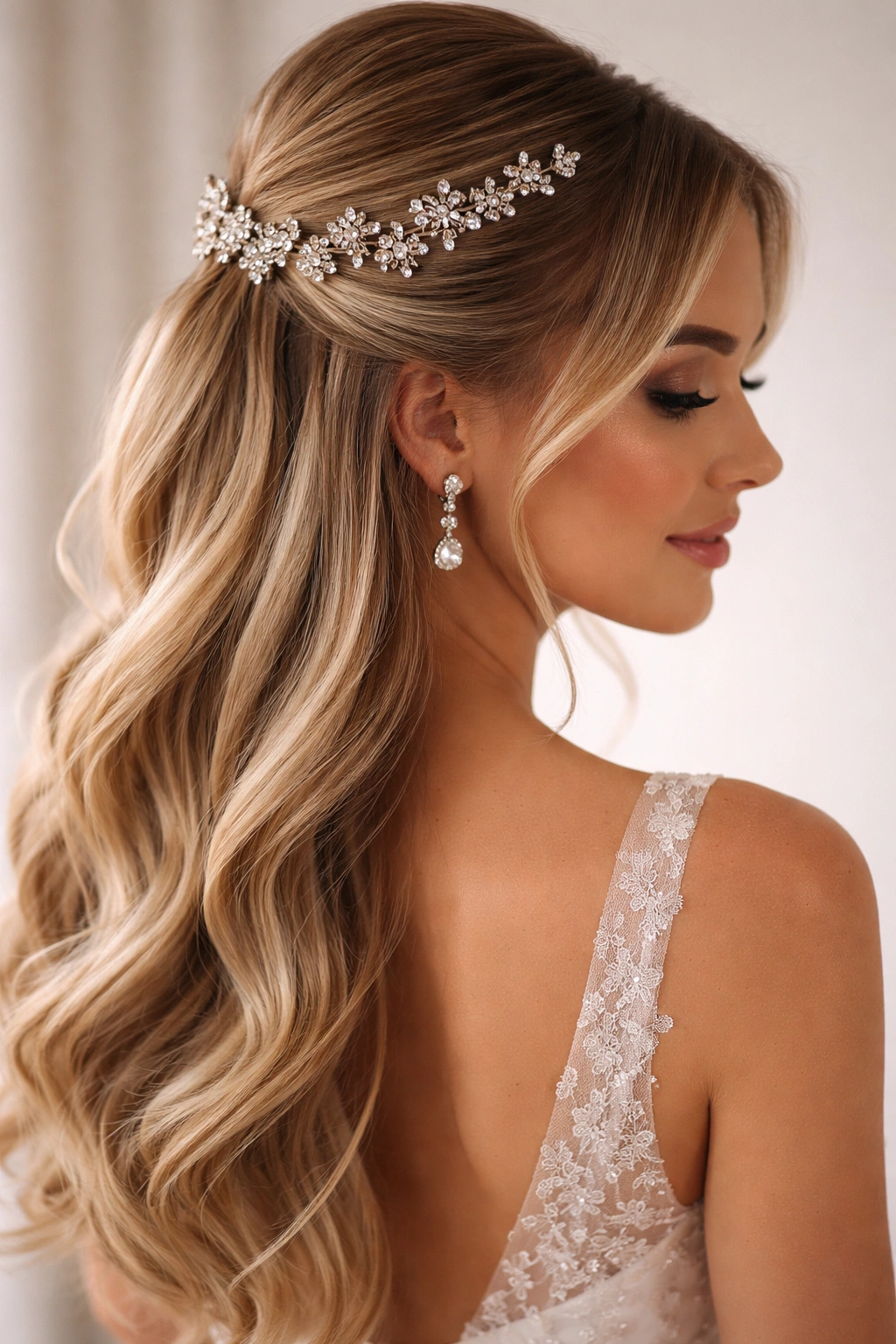 Bridal half-up hairstyle with crystals and rhinestones along the crown