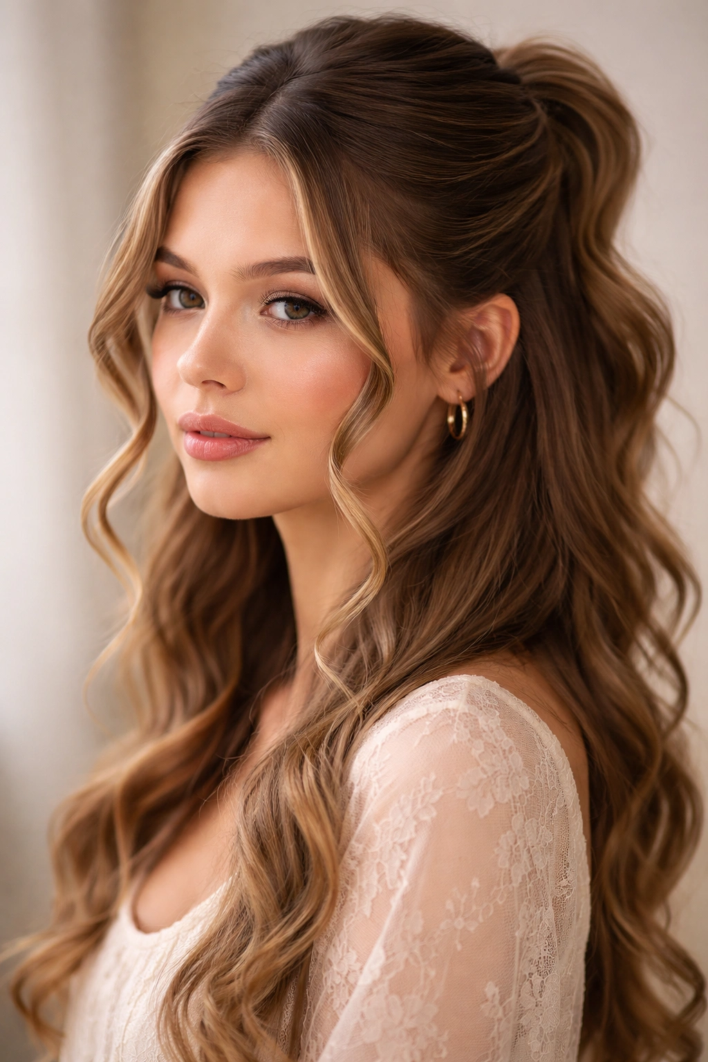 Face-framing spirals integrated into a half-up hairstyle