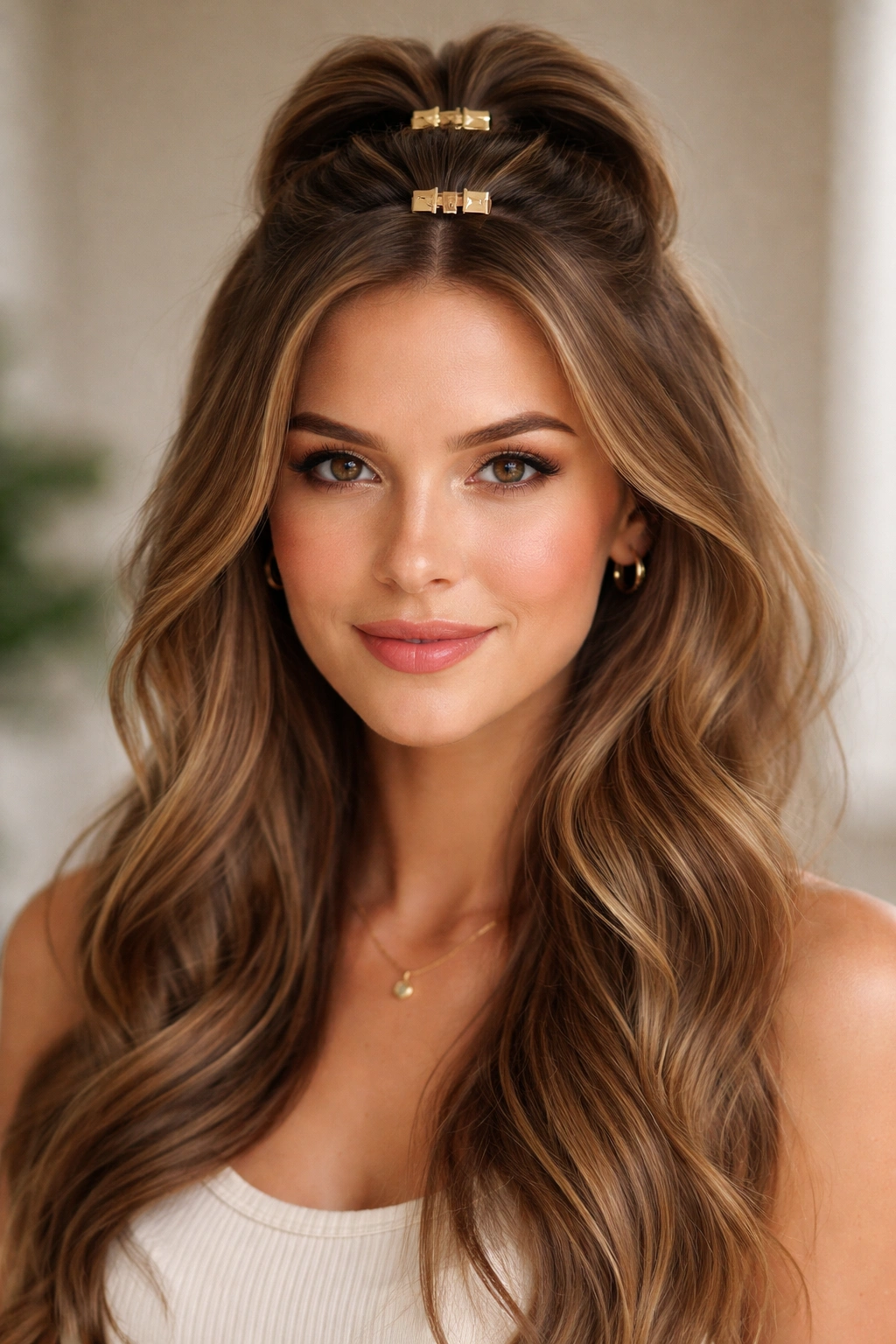 Close-up of a double half-up hairstyle with two stacked clips at the crown