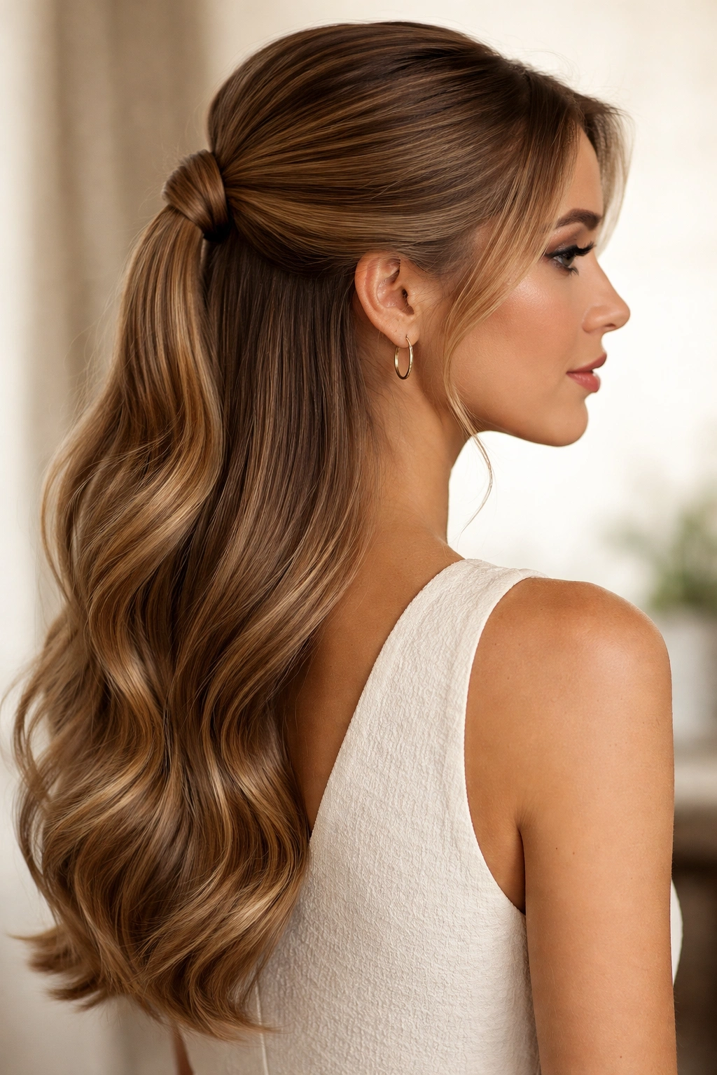 Half-up low swoop hybrid showing gathered top and flowing bottom hair