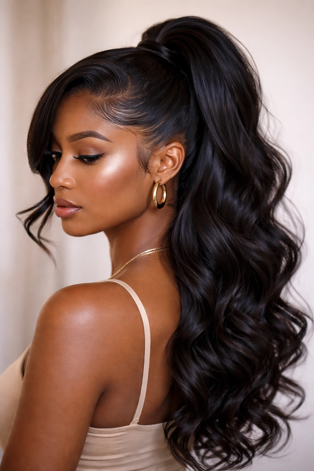 Close-up of a Black woman's half-up swoop ponytail showing a crown gathered top and flowing curls