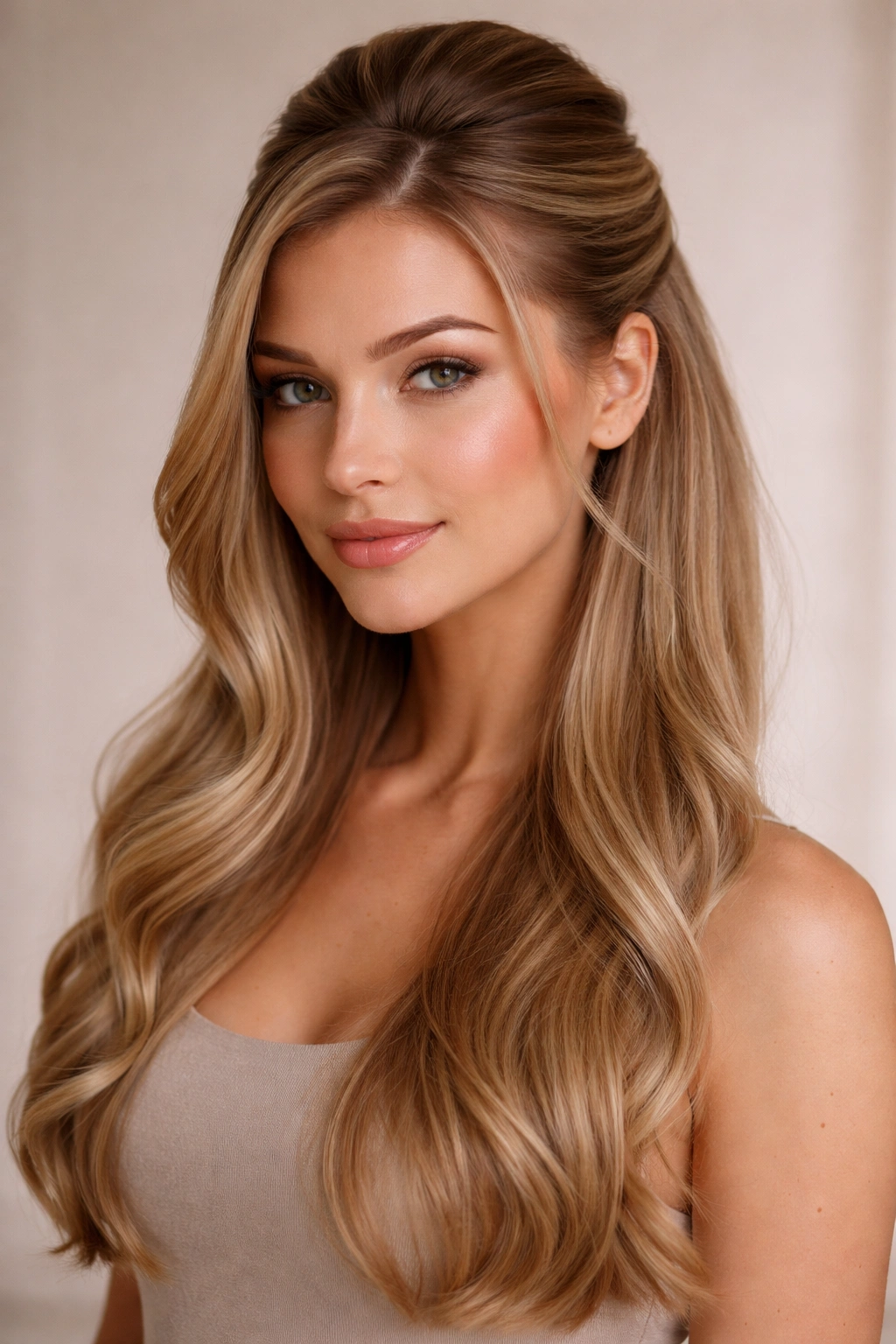 Half-up swoop with face-framing waves in straight hair