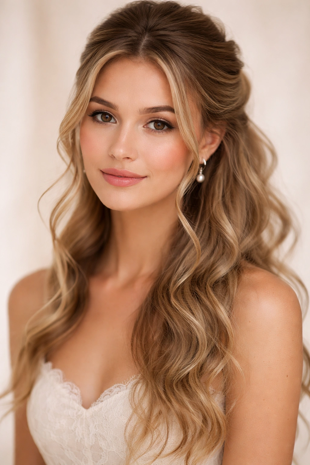 Half up hairstyle with delicate face-framing tendrils