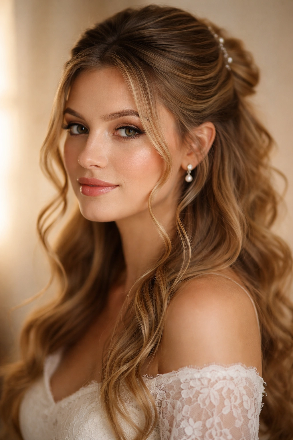 Close-up portrait of a half-up hairstyle with delicate tendrils curling around the face