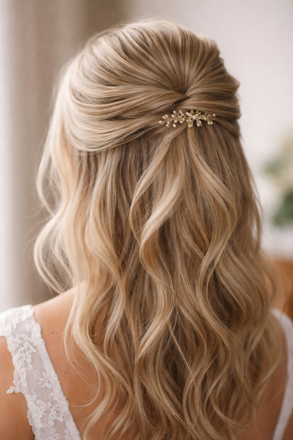 Half-up hairstyle with root lift and texture from volumizing powder