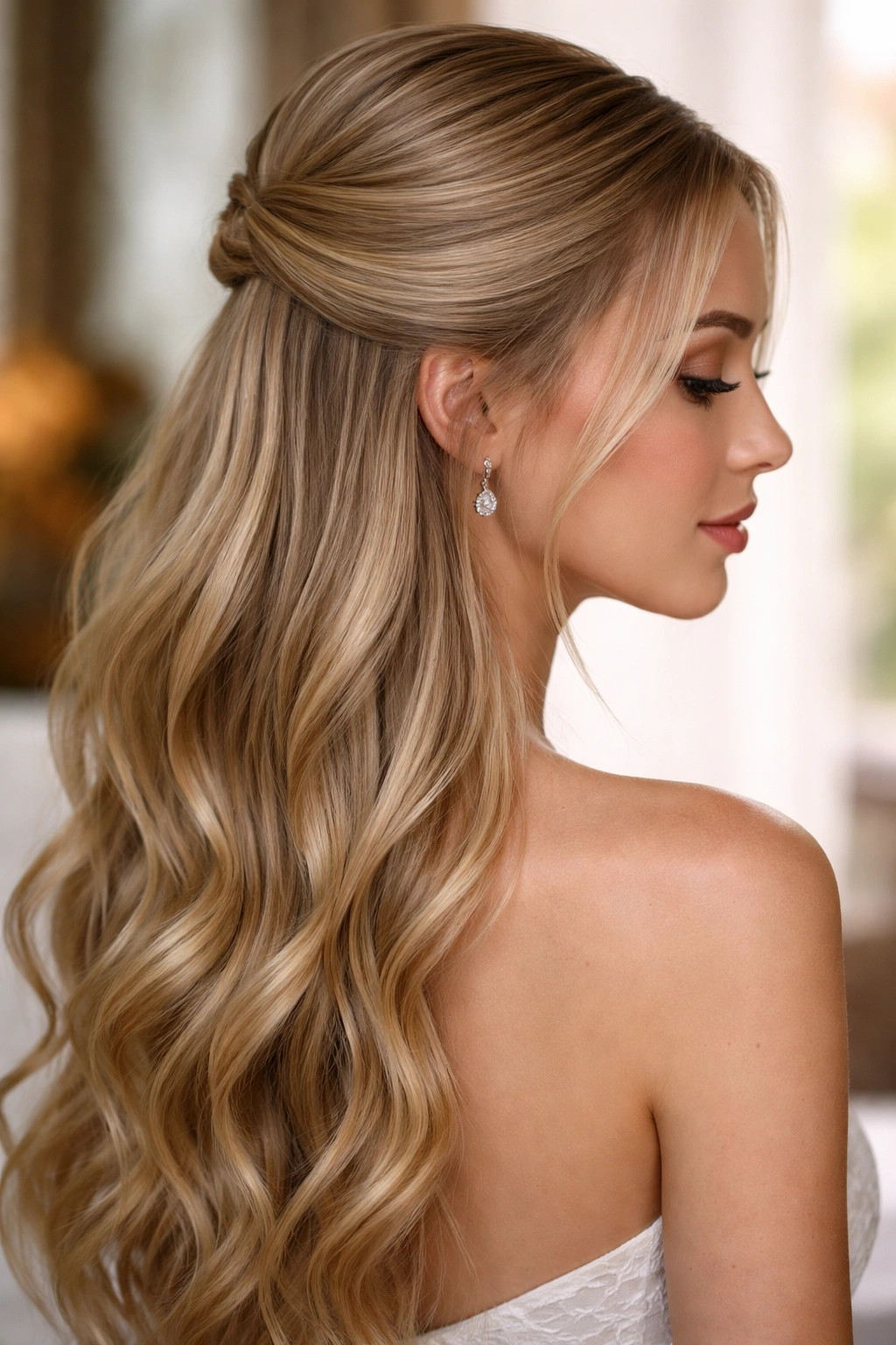 Half-up hairstyle with soft waves beneath a smooth crown on straight hair