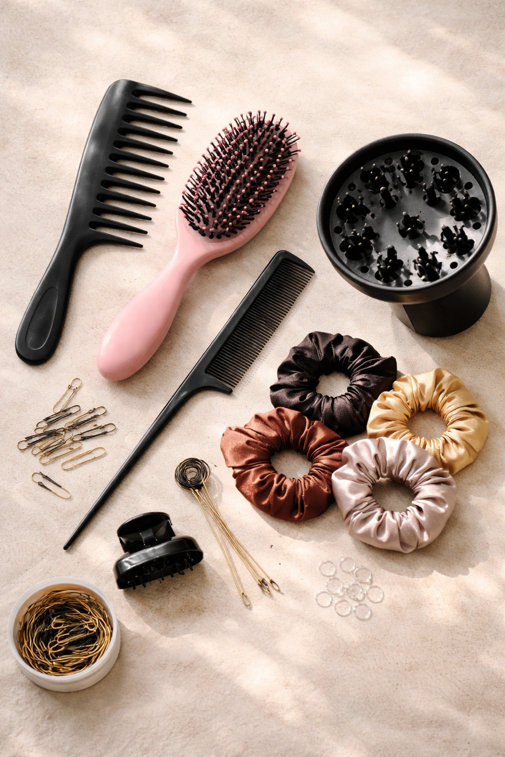 Flat lay of hair styling tools for half-up hairstyles including combs, satin ties, bobby pins, and clips