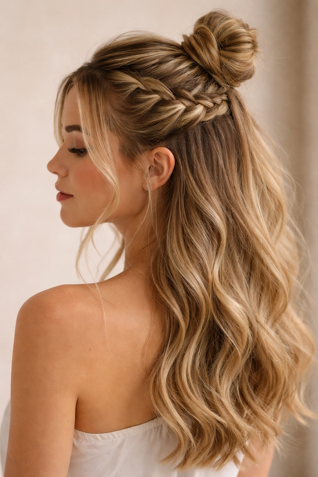 Close-up of a model's half-up top knot with a thick braid wrapped at the crown