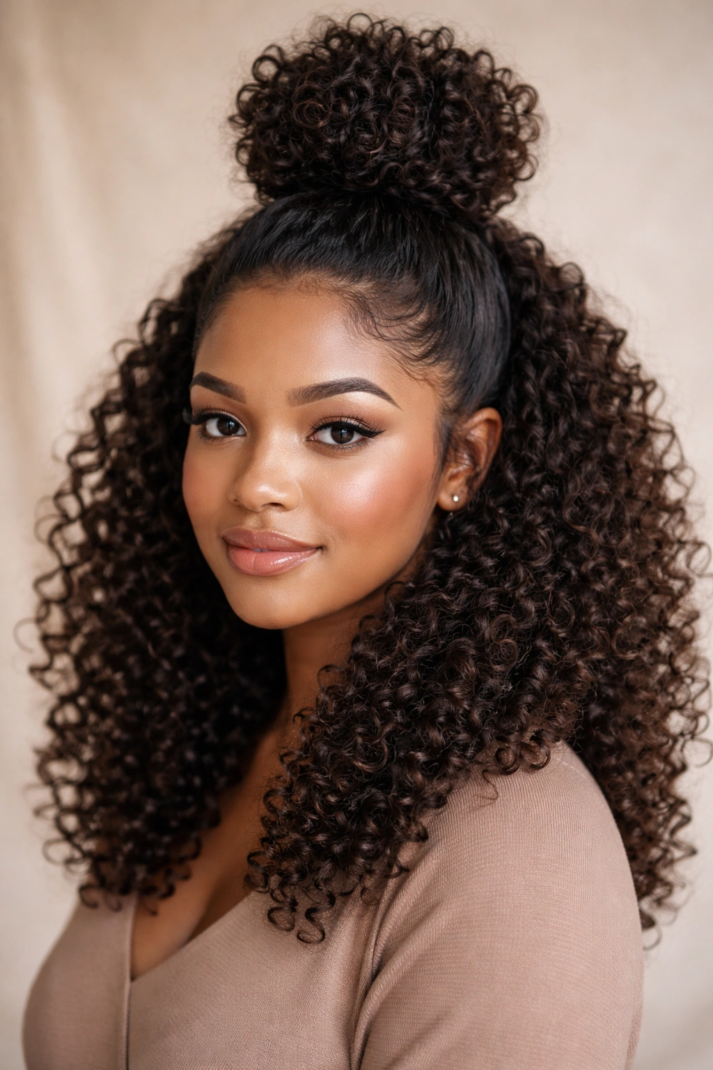 Half-up coily top knot with defined curls around face