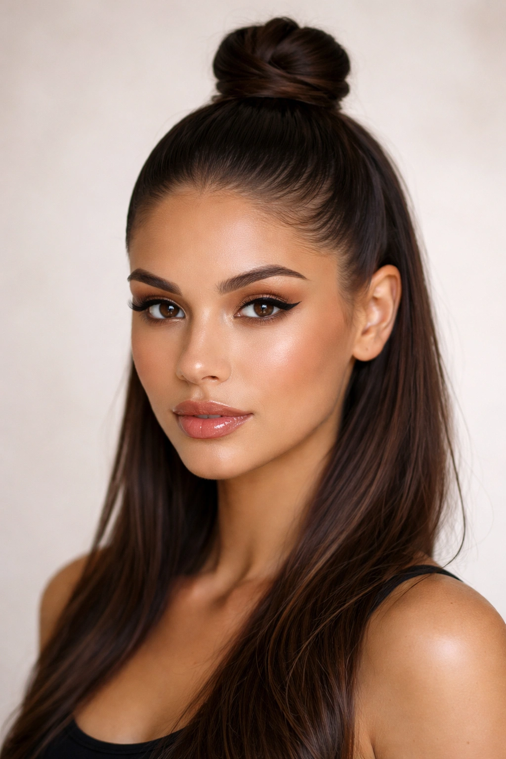 Close-up of Half-Up Top Knot with Gel-Set Sides showing sleek crown knot and gel-smooth sides.