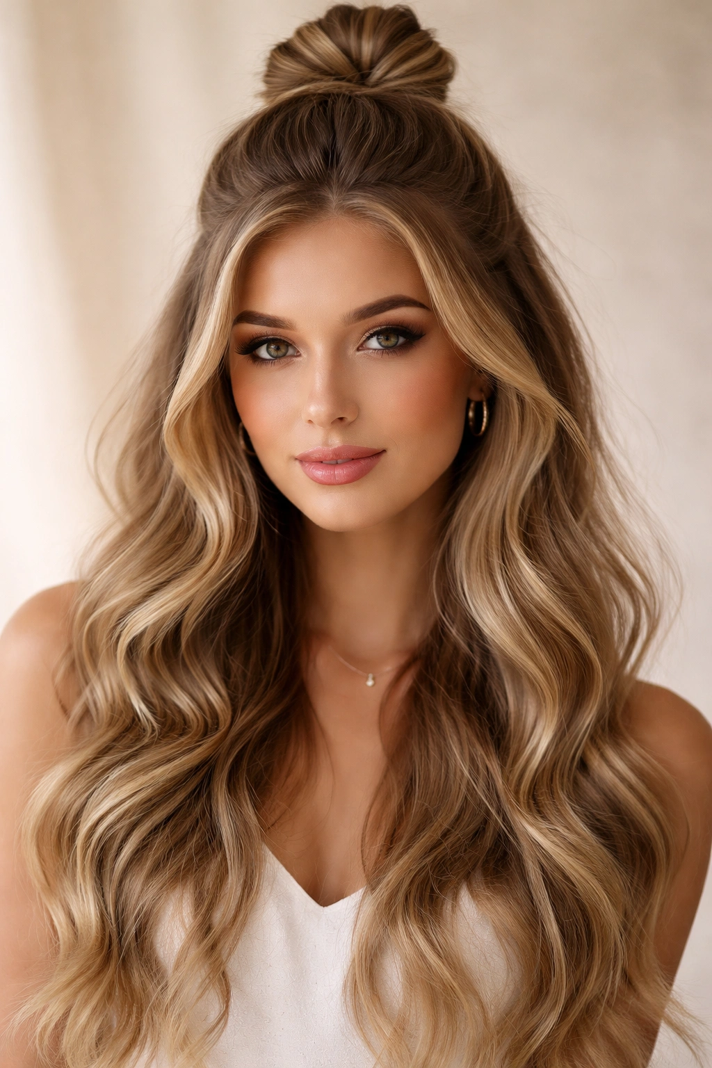 Close-up of long hair with a half-up top knot and loose waves, suitable for homecoming hairstyles.