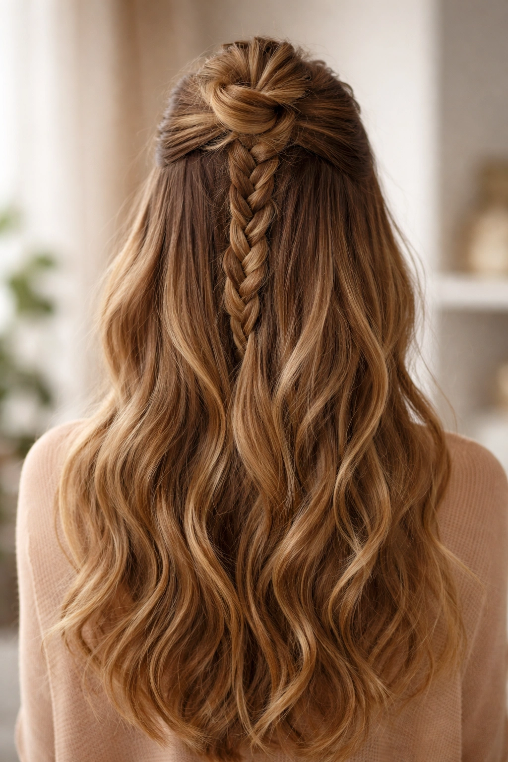 Braided half-up with a small knot at the crown and loose waves.