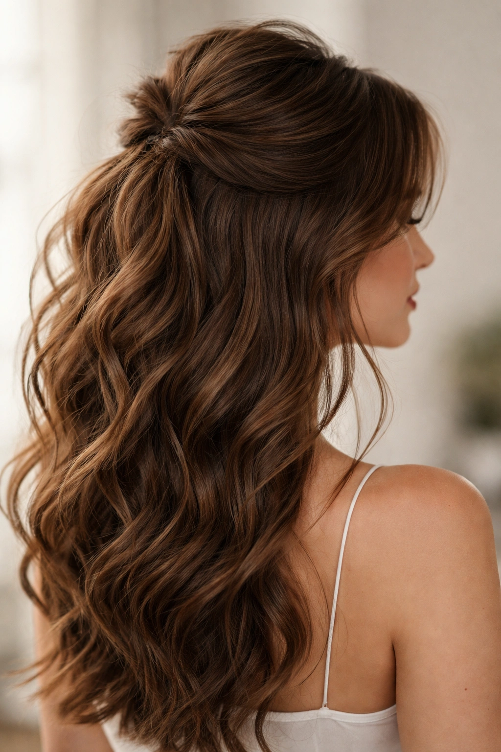 Wavy brown hair with voluminous crown in a tousled half-up style