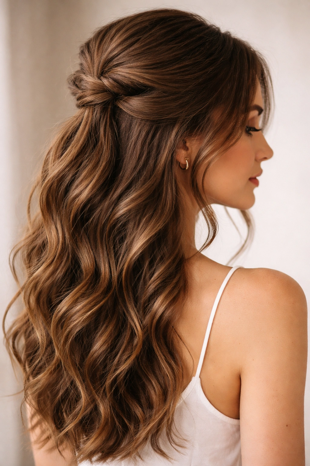 Close-up of brown hair in a half-up wavy twist with loose face-framing strands