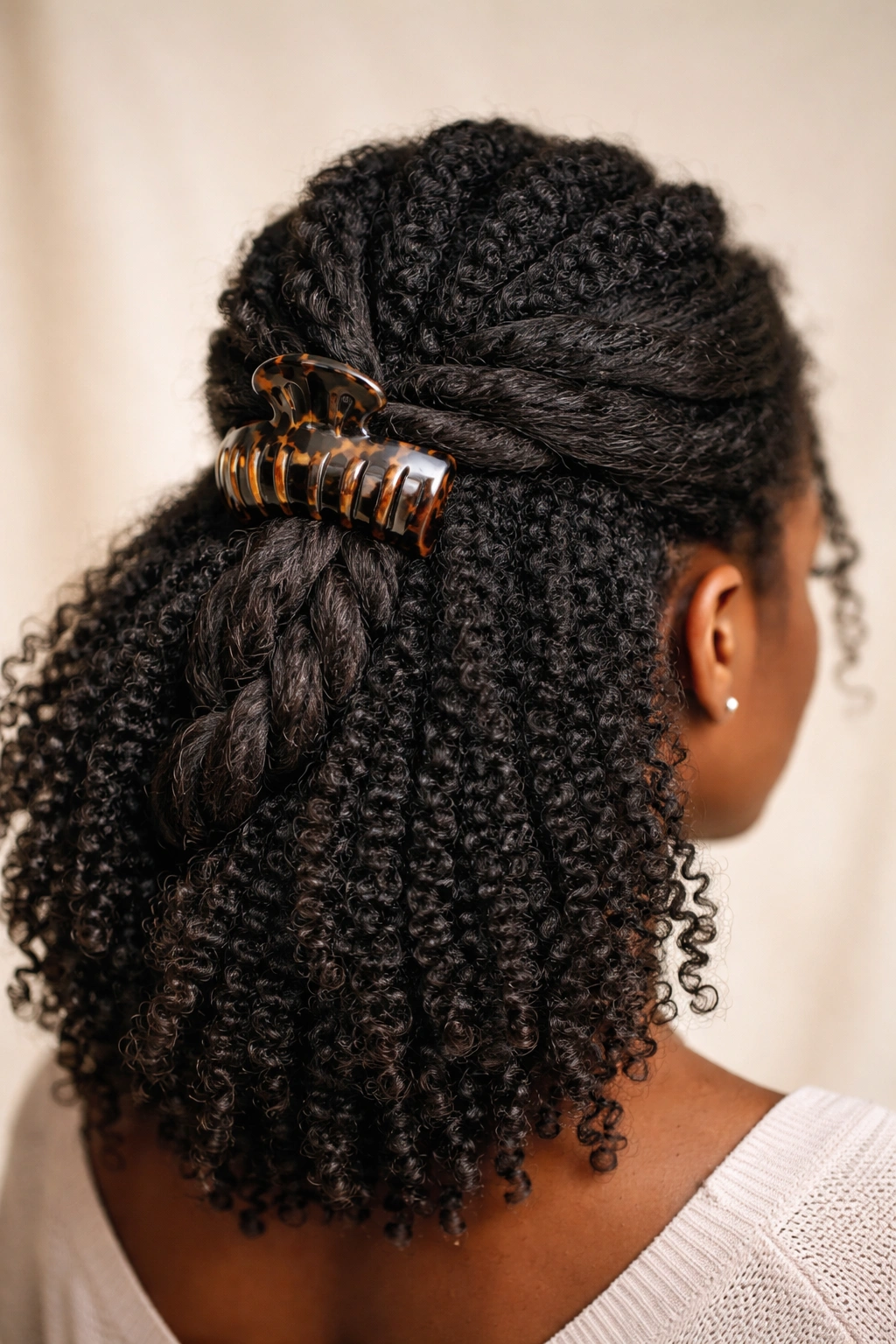 Half-up twisted crown with a claw clip securing the gathered section